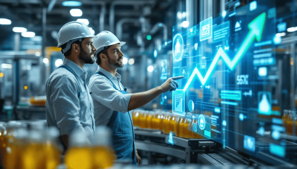 Due operai in elmetto analizzano un grande schermo digitale che mostra grafici di dati e una freccia verso l'alto, evidenziando come la Robotic Process Automation stia migliorando l'efficienza in un moderno ambiente industriale con nastri trasportatori e bottiglie sullo sfondo.