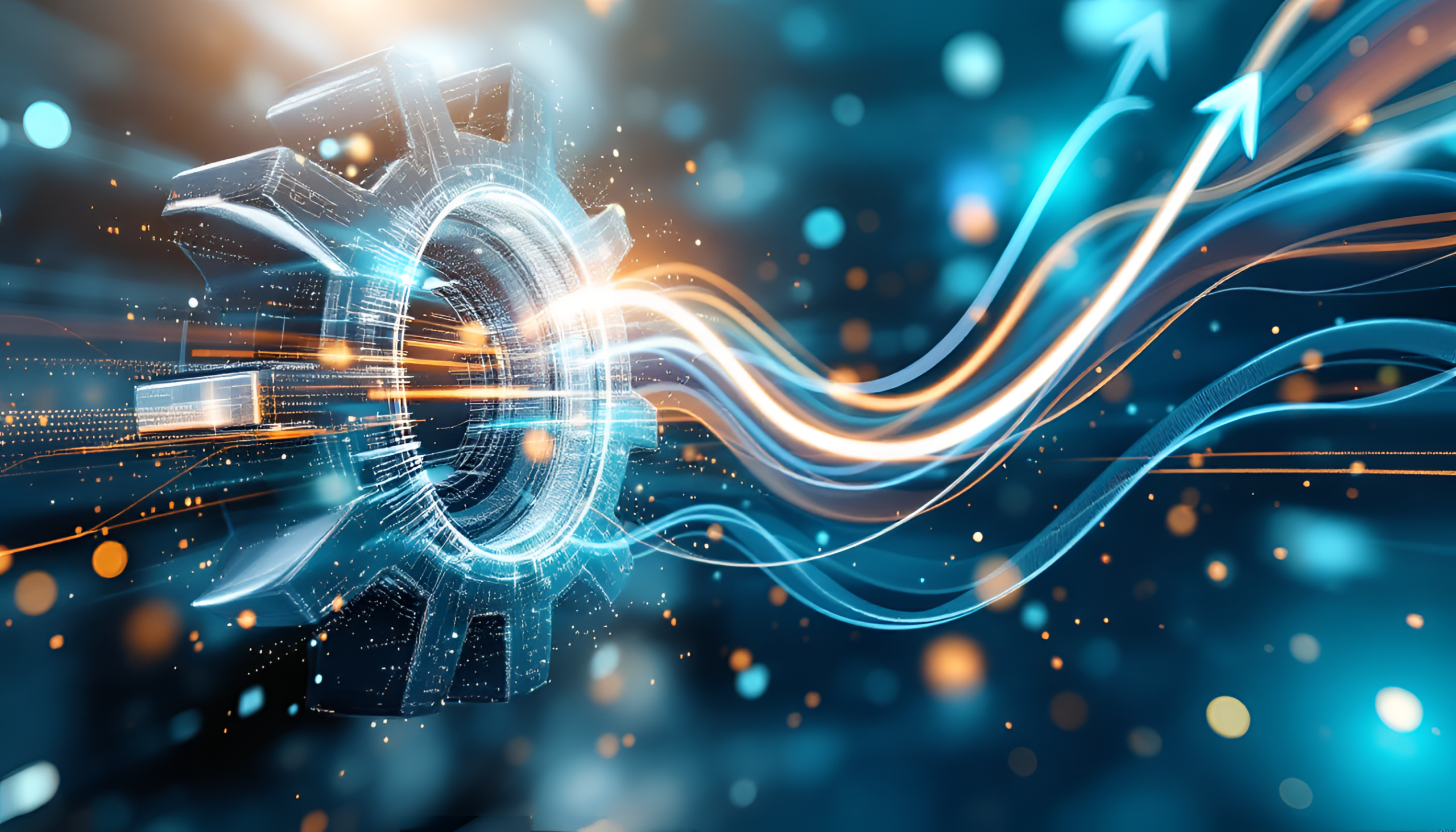 Un ingranaggio digitale emette linee e frecce arancioni e blu incandescenti, che simboleggiano la tecnologia, l'innovazione, il progresso dinamico e l'eccellenza post-vendita su uno sfondo sfocato e futuristico.