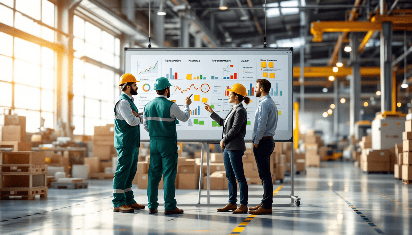Cinque persone, tra cui operai in giubbotto di sicurezza e professionisti in abito da ufficio, si trovano in un magazzino e discutono di grafici operativi su un grande schermo. Scatole e scaffali industriali evidenziano l'approccio efficiente e agile della fabbrica.