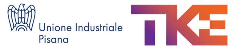 I loghi dell'Unione Industriale Pisana a sinistra e di TK Elevator a destra, con il testo dell'Unione Industriale Pisana in blu e di TK Elevator in una sfumatura dal viola all'arancione, che evidenzia la loro collaborazione per la gestione della catena di fornitura.