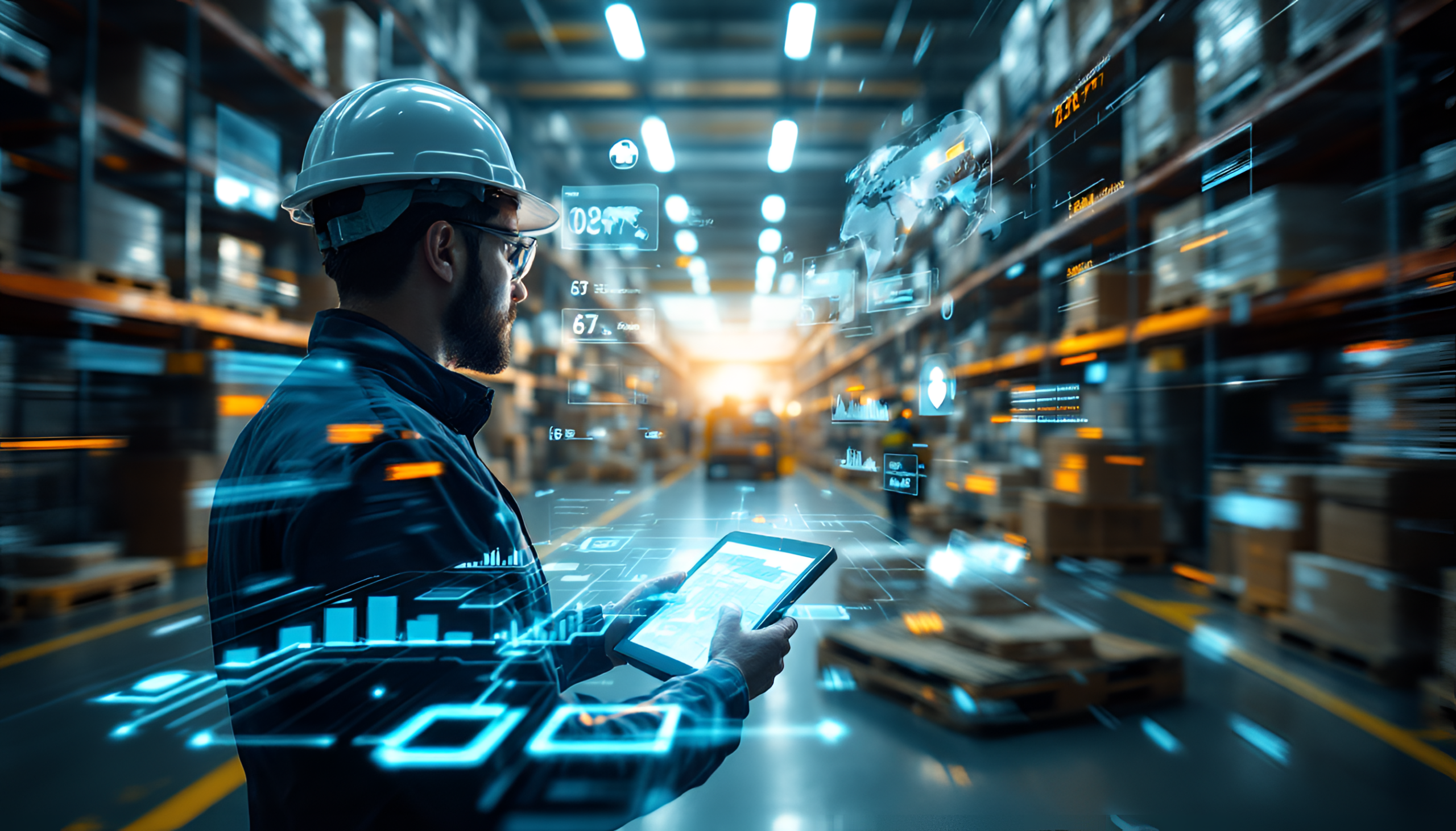 Un lavoratore con l'elmetto usa un tablet in un magazzino pieno di scatole e scaffali, circondato da grafici di dati digitali e ologrammi futuristici che visualizzano informazioni analitiche e logistiche sulla supply chain.
