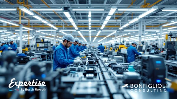 Operai in uniforme blu e retine per capelli assemblano componenti sulle linee di produzione, ottimizzando i flussi produttivi in uno stabilimento moderno e luminoso. I loghi di Bosch Rexroth e Bonfiglioli Consulting sono visibili negli angoli dell'immagine.