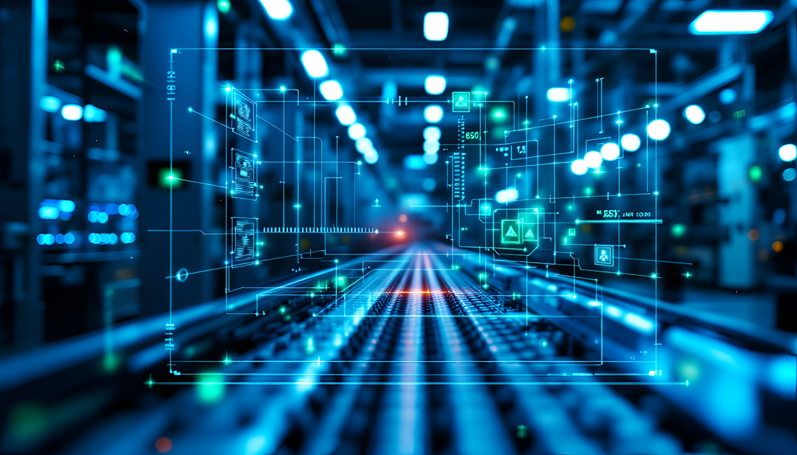 Una fabbrica futuristica con nastri trasportatori, illuminata da luci blu, presenta un'interfaccia grafica digitale che si sovrappone alla scena, mostrando l'automazione, l'analisi dei dati, la visione computerizzata del controllo qualità e la tecnologia avanzata nella produzione.