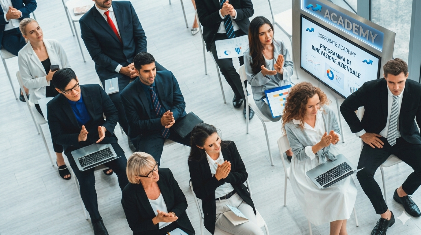 Un gruppo di persone vestite in modo professionale siedono in fila, alcune con computer portatili, applaudendo e guardando in avanti a un evento di Academy Aziendale. Uno schermo mostra ACADEMY e Programma di Innovazione Aziendale.