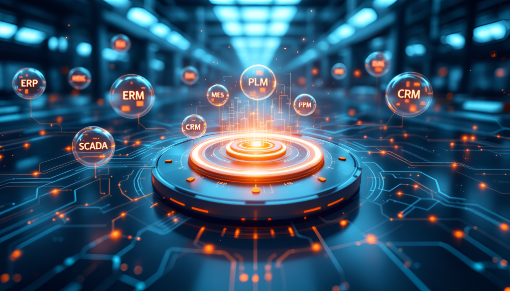 Interfaccia digitale futuristica che mostra acronimi fluttuanti come ERP, CRM, PLM, MES e SCADA sopra un hub centrale luminoso, mettendo in risalto i sistemi aziendali interconnessi e la governance avanzata dei dati industriali all'interno di un data center all'avanguardia.