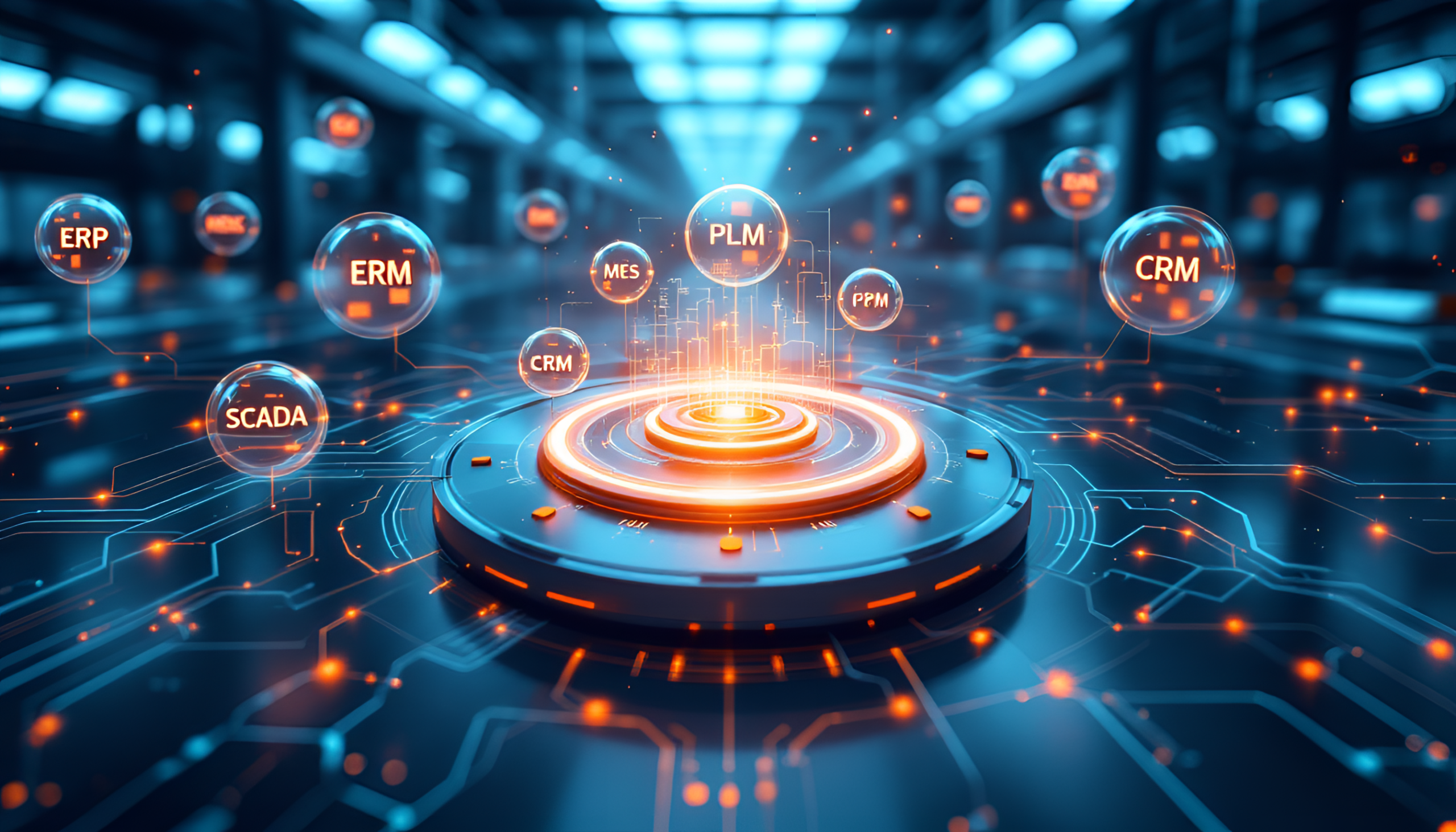 Interfaccia digitale futuristica che mostra acronimi fluttuanti come ERP, CRM, PLM, MES e SCADA sopra un hub centrale luminoso, mettendo in risalto i sistemi aziendali interconnessi e la governance avanzata dei dati industriali all'interno di un data center all'avanguardia.