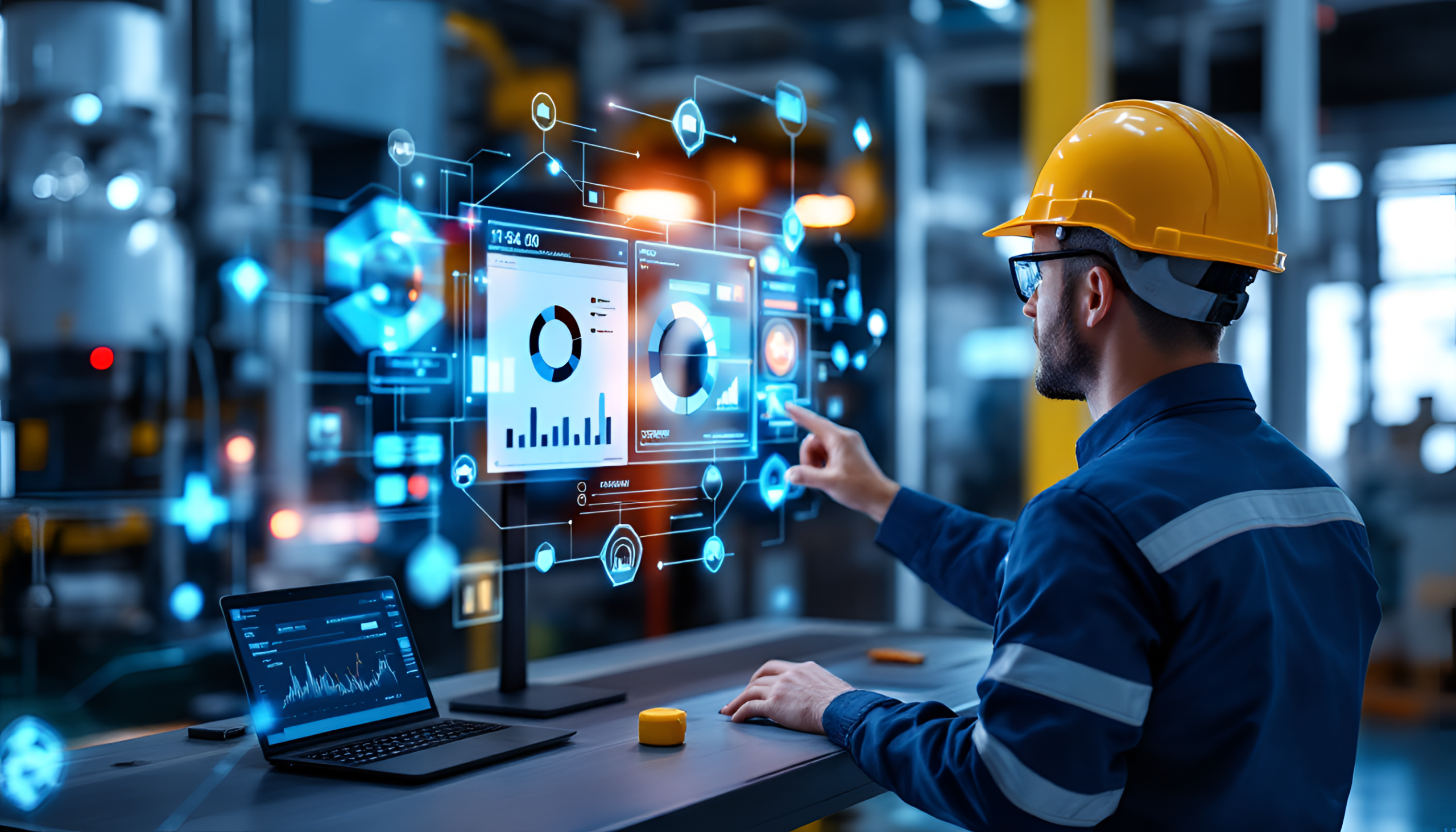 Un operaio, munito di elmetto e occhiali protettivi, consulta gli schermi digitali che mostrano analisi dei dati e grafici relativi alla manutenzione predittiva in uno stabilimento industriale, avvalendosi di un computer portatile, interfacce tecnologiche avanzate e il materiale didattico di un recente corso tenutosi nelle vicinanze.