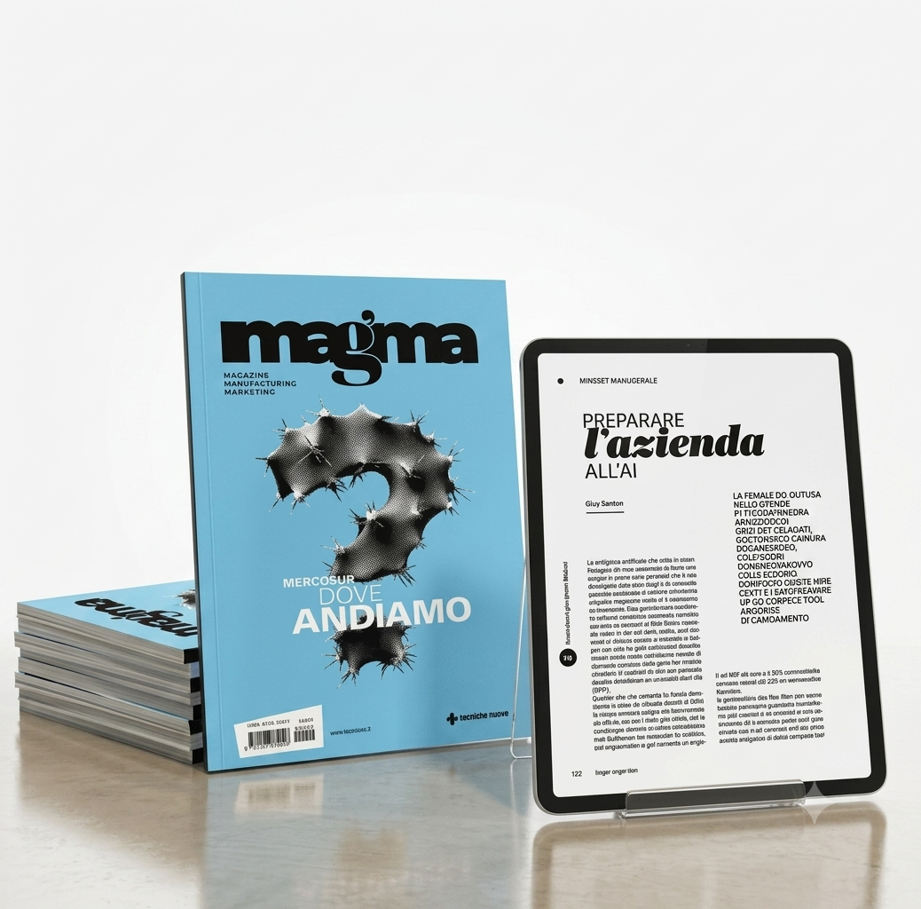 Su un tavolo, accanto a un tablet su cui è visualizzato un articolo in italiano, c'è una pila di riviste "Magma" di colore blu. La copertina, caratterizzata da un punto interrogativo in grassetto, approfondisce il tema del Mercosur: "Dove andiamo" e il suo impatto sulle aziende e sul rischio d'impresa.