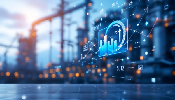 A digital dashboard with charts and data is superimposed on the background of an industrial plant, symbolizing industrial data analysis, digital twin technology, and technological integration for predictive maintenance in the manufacturing sector.