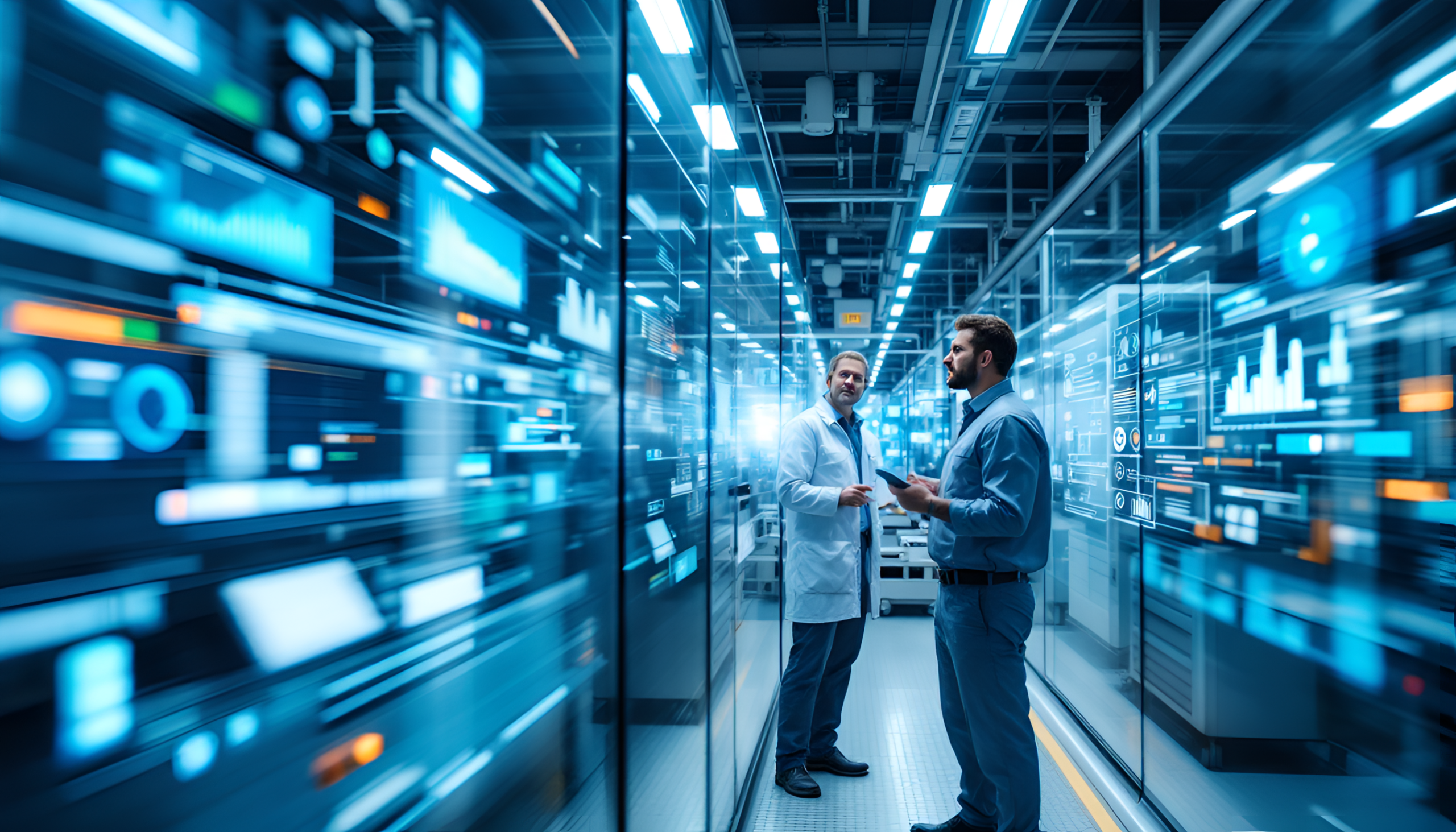 Two men, one of whom is wearing a lab coat, are in a state-of-the-art server room with digital screens showing data tables and graphs, suggesting a discussion on technology or research focused on Lean digital transformation.