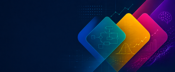 Tre forme di diamante colorate e sovrapposte raffigurano diagrammi, tabelle e grafici su uno sfondo blu scuro, a simboleggiare la scienza dei dati, l’analisi dei dati, le metodologie Lean Six Sigma e i concetti di intelligenza artificiale.