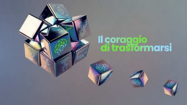 A metallic Rubik's cube with technological icons, symbolizing strategic sourcing and procurement, floats next to the Italian text “Il coraggio di trasformarsi” against a gradient background. Three smaller cubes fade out toward the right, evoking the innovative spirit of Farete 2026.