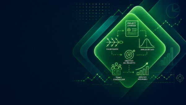Schema dai colori verde brillante su sfondo scuro che illustra le fasi della gestione di progetto tramite icone: carta del progetto, analisi dei dati, risultati misurabili, team/parti interessate, causa principale e obiettivo del progetto — oltre a vari grafici e tabelle — perfetto per illustrare la formazione Lean Six Sigma o per evidenziare gli elementi chiave trattati nei programmi di certificazione Lean Six Sigma.