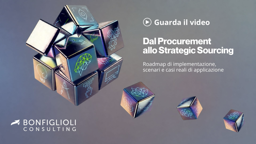Floating metallic cubes with icons next to the text promoting a video on procurement and strategic sourcing for Bonfiglioli Consulting.