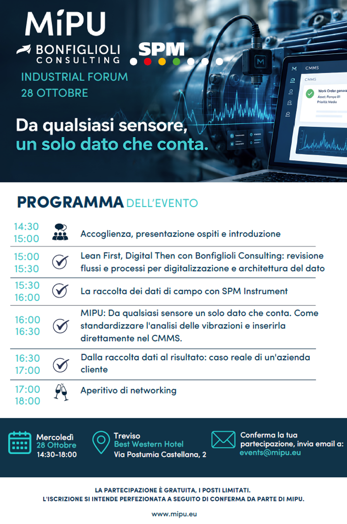 Volantino del Forum Industriale MiPU in programma il 28 ottobre a Treviso, con presentazioni sull’analisi dei dati digitali, sulla pianificazione delle vendite e delle operazioni Sales Operation Planning e una sessione serale di networking.