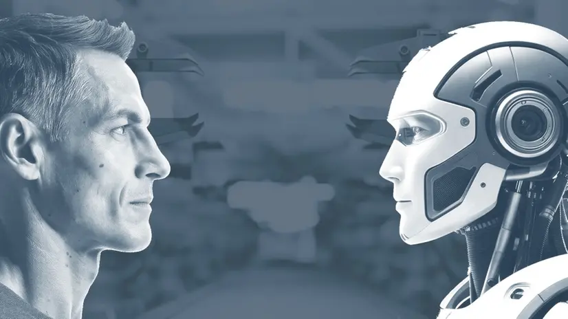 A man and a humanoid robot face each other, from profile, during a GDB robotics session.