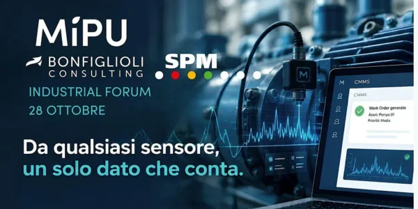 Promotional image for the industrial forum organized by MiPU and Bonfiglioli Consulting on October 28, depicting a machine equipped with sensors and a portable computer displaying data related to sales planning and Sales Operation Planning within the CMMS software.